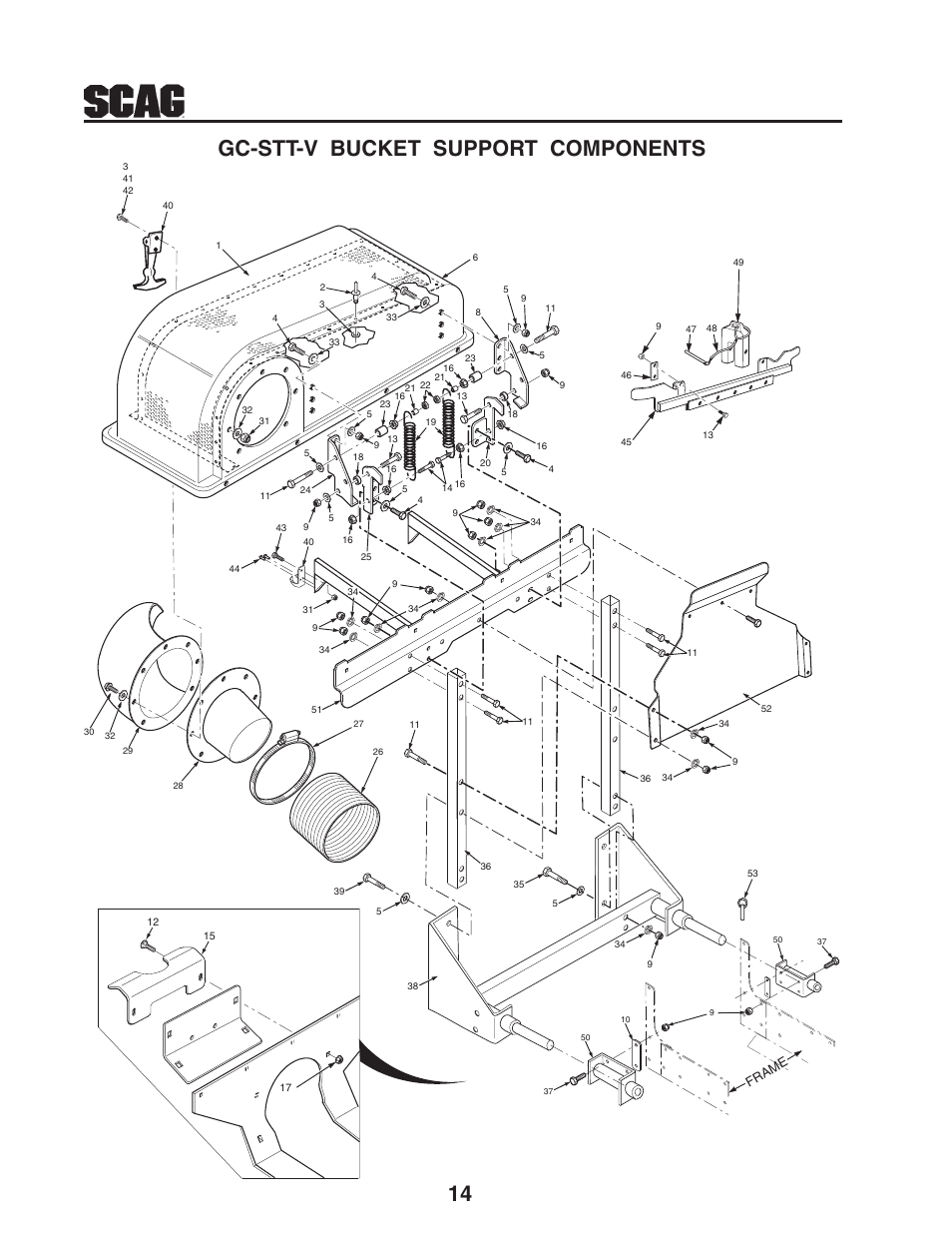 14 gc-stt-v bucket support components, Frame | Scag Power Equipment GC-STT-V User Manual | Page 16 / 22