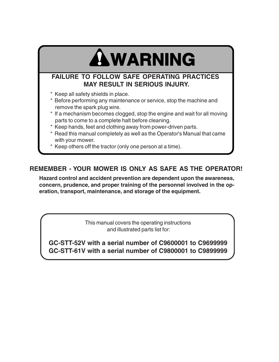 Warning | Scag Power Equipment GC-STT-V User Manual | Page 2 / 22