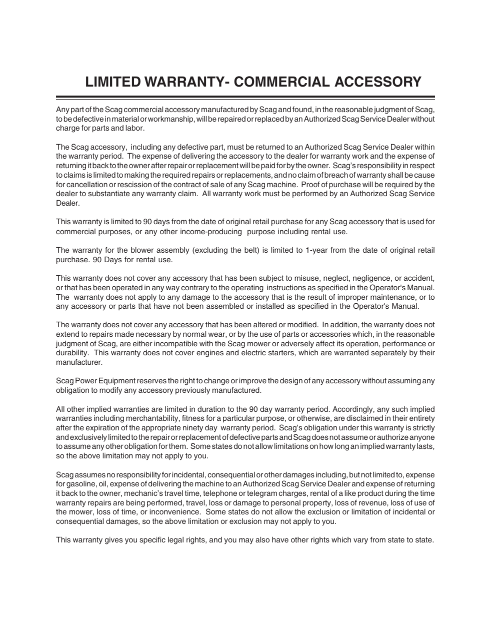 Limited warranty- commercial accessory | Scag Power Equipment GC-STT-V User Manual | Page 21 / 22