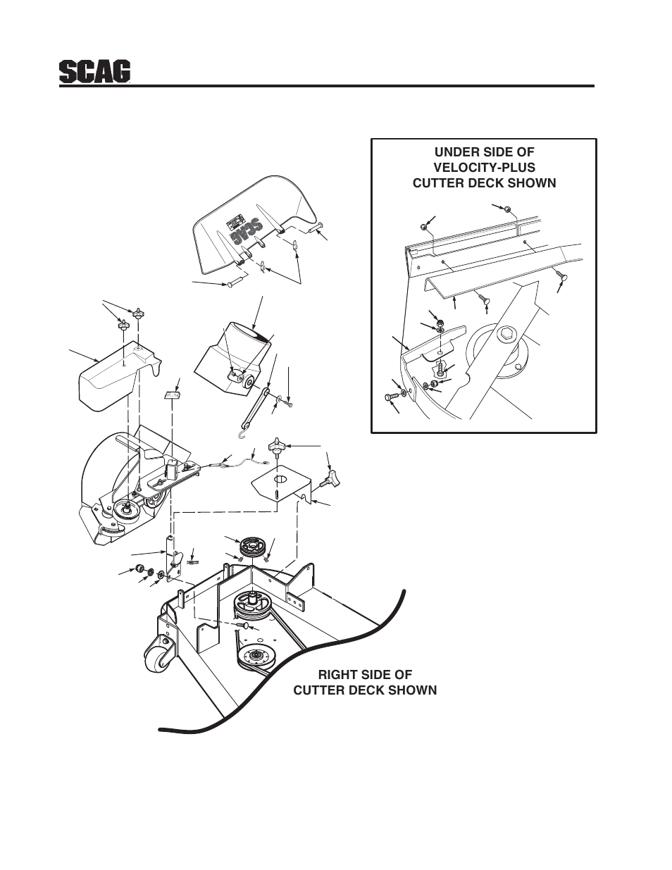 12 gc-stt-v blower mounting components, Under side of velocity-plus cutter deck shown, Right side of cutter deck shown | Scag Power Equipment GC-STT-CSV User Manual | Page 14 / 22