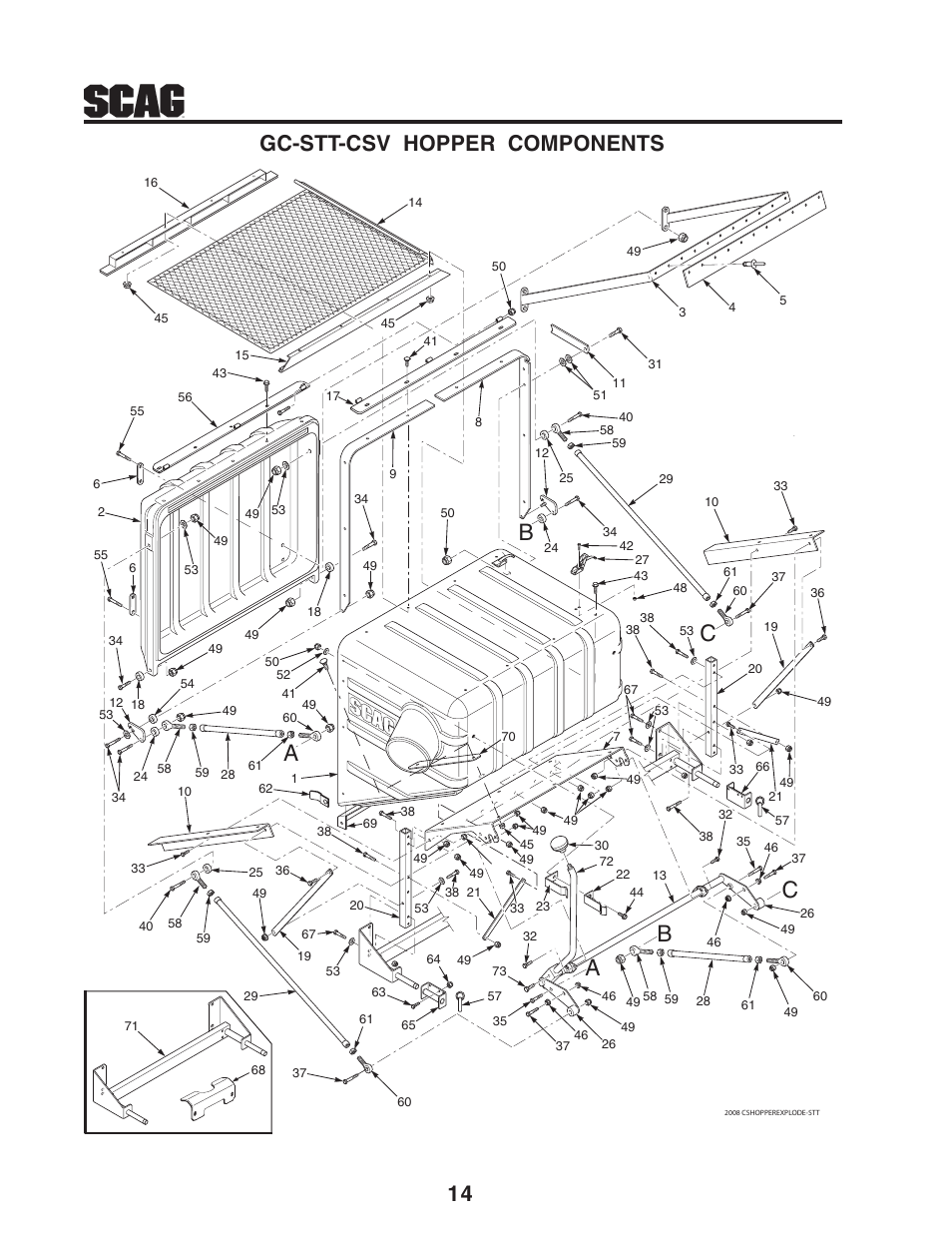 Ab b c c, 14 gc-stt-csv hopper components | Scag Power Equipment GC-STT-CSV User Manual | Page 16 / 22