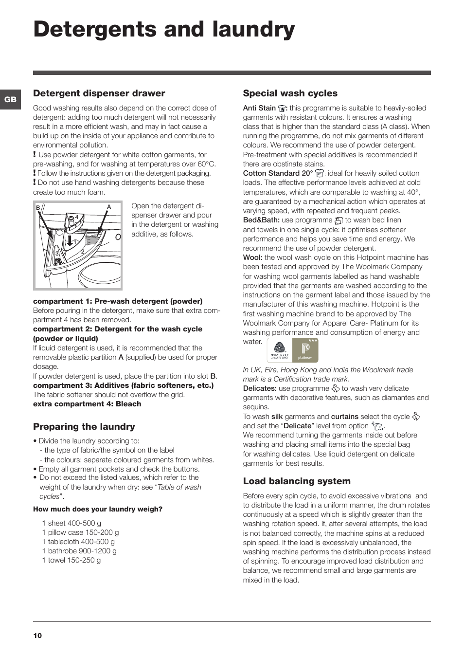 Detergents and laundry, Detergent dispenser drawer, Preparing the laundry | Special wash cycles, Load balancing system | Hotpoint Ariston WMSD 723 User Manual | Page 10 / 60