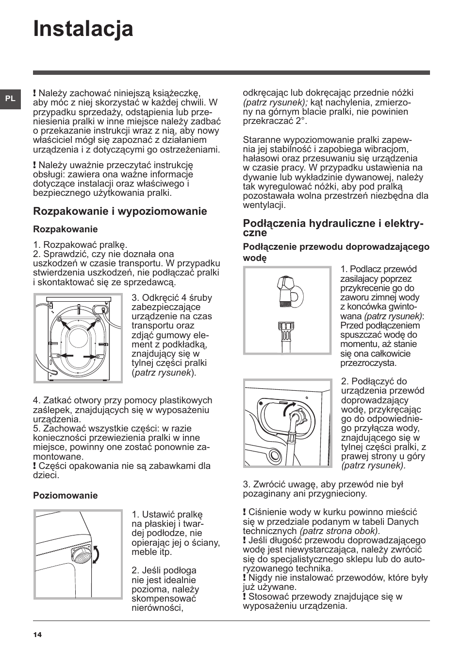 Instalacja | Hotpoint Ariston WMSD 723 User Manual | Page 14 / 60