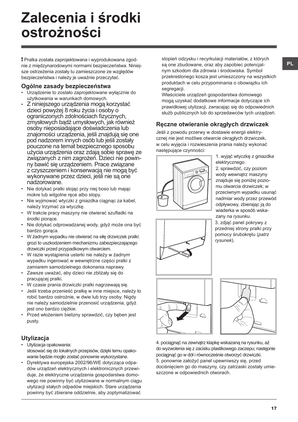 Zalecenia i środki ostrożności | Hotpoint Ariston WMSD 723 User Manual | Page 17 / 60