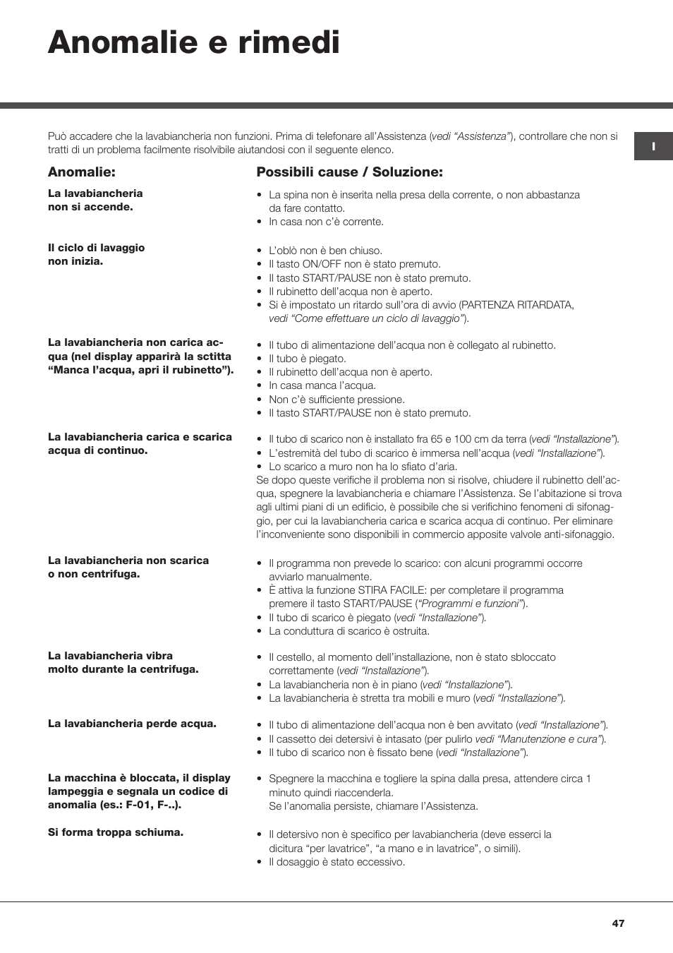 Anomalie e rimedi | Hotpoint Ariston WMSD 723 User Manual | Page 47 / 60