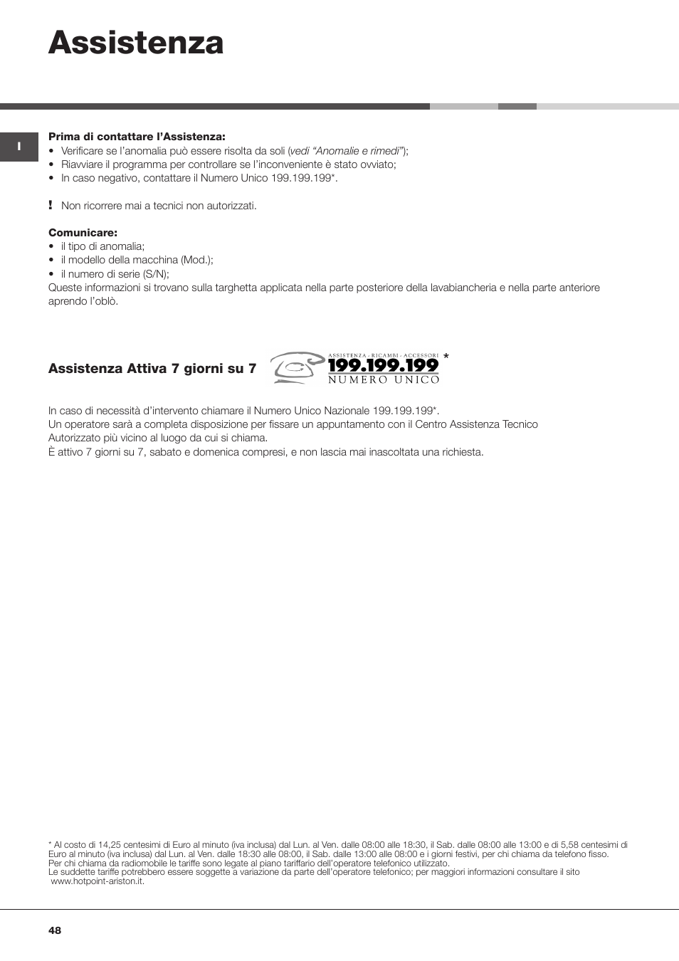 Assistenza | Hotpoint Ariston WMSD 723 User Manual | Page 48 / 60