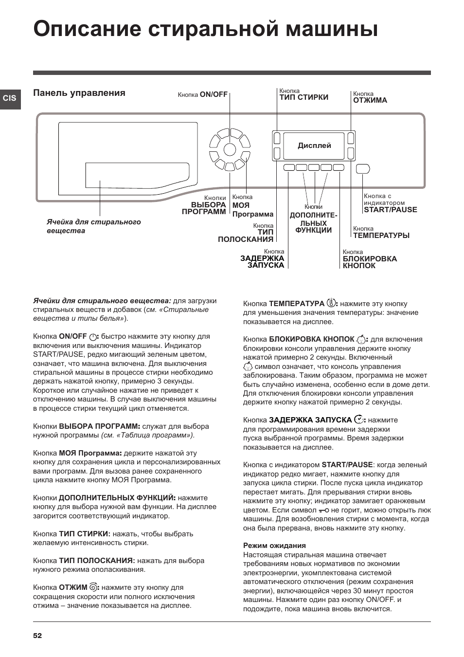 Описание стиральной машины, Панель управления | Hotpoint Ariston WMSD 723 User Manual | Page 52 / 60