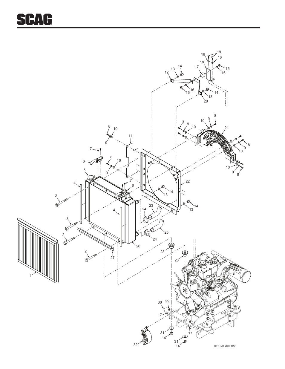 Radiator & attaching parts - (28hp cat diesel) | Scag Power Equipment Turf Tiger STT-28CAT User Manual | Page 56 / 70