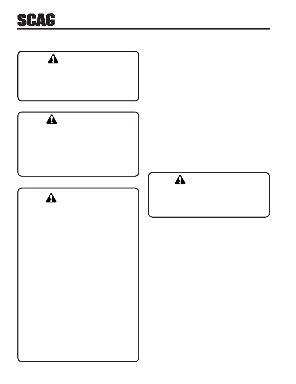Warning | Scag Power Equipment SFZ User Manual | Page 36 / 96