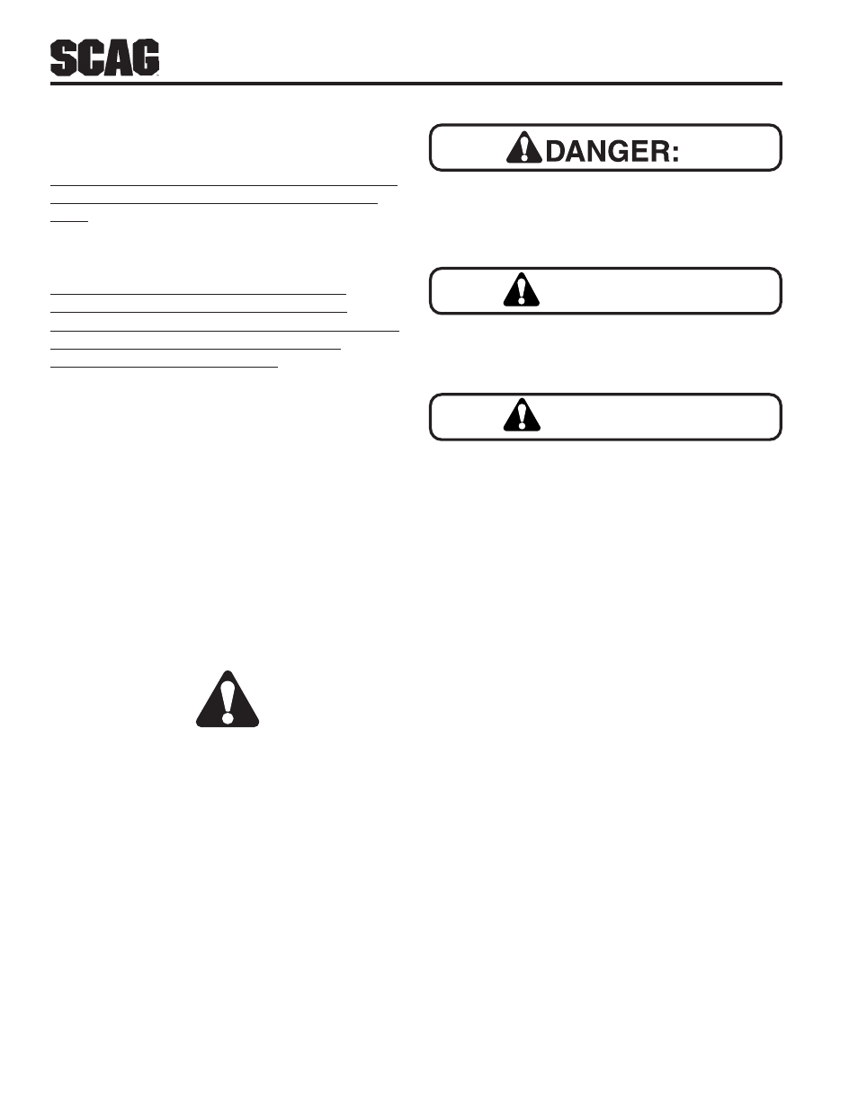 Warning, Caution, Safety information | Scag Power Equipment SFZ User Manual | Page 8 / 96