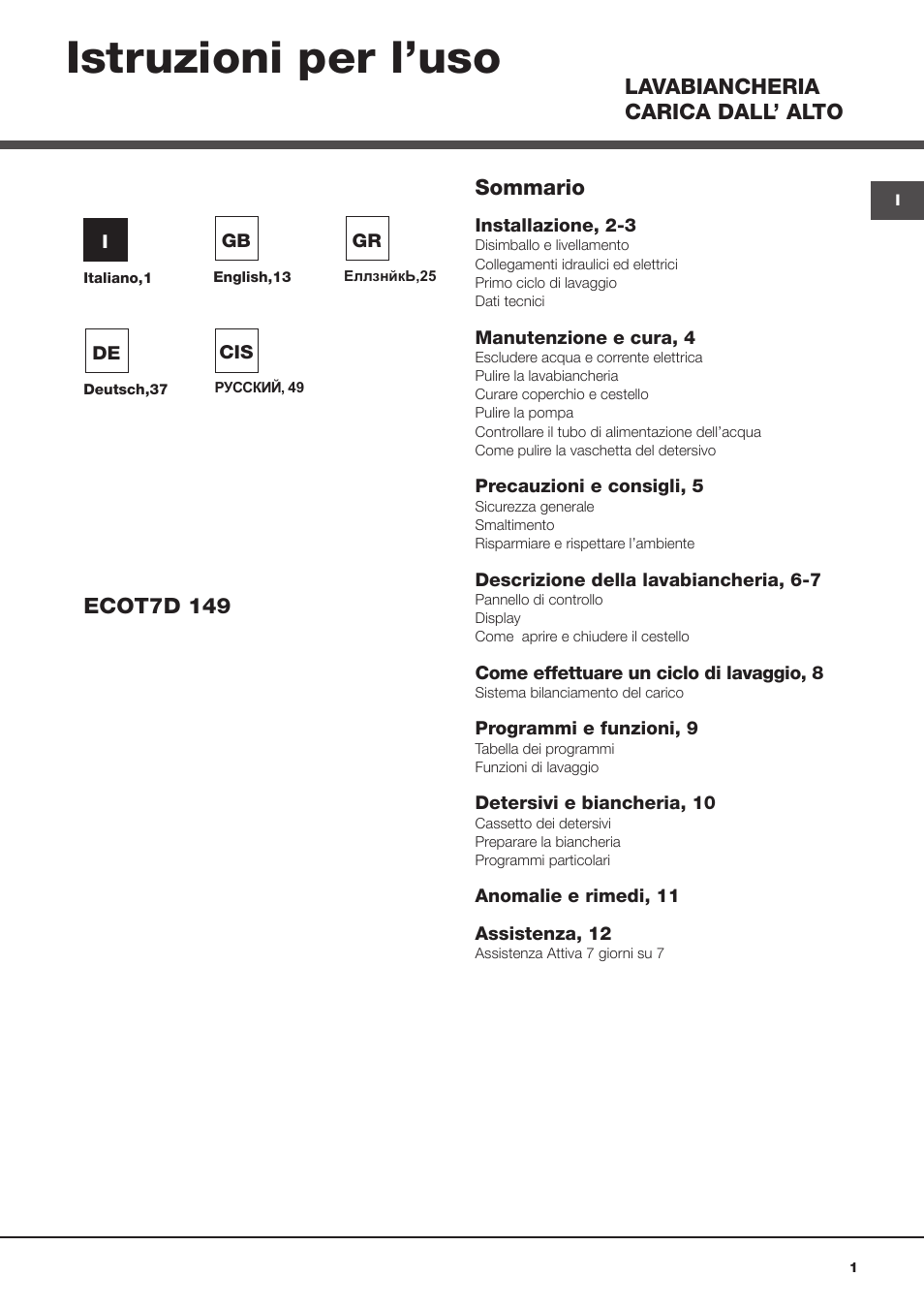 Hotpoint Ariston ECOT7D 149 User Manual | 60 pages