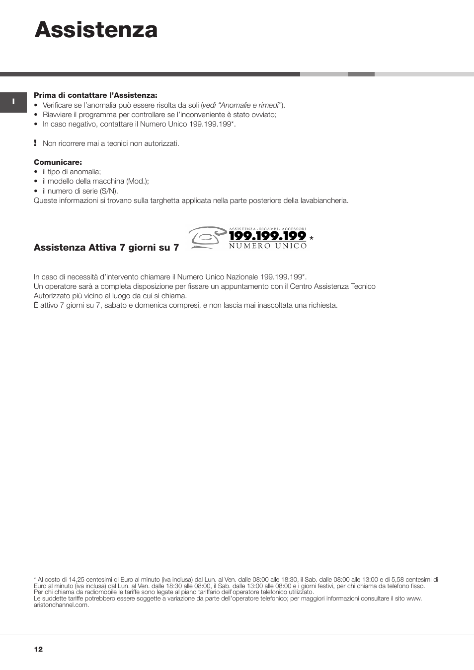 Assistenza | Hotpoint Ariston ECOT7D 149 User Manual | Page 12 / 60