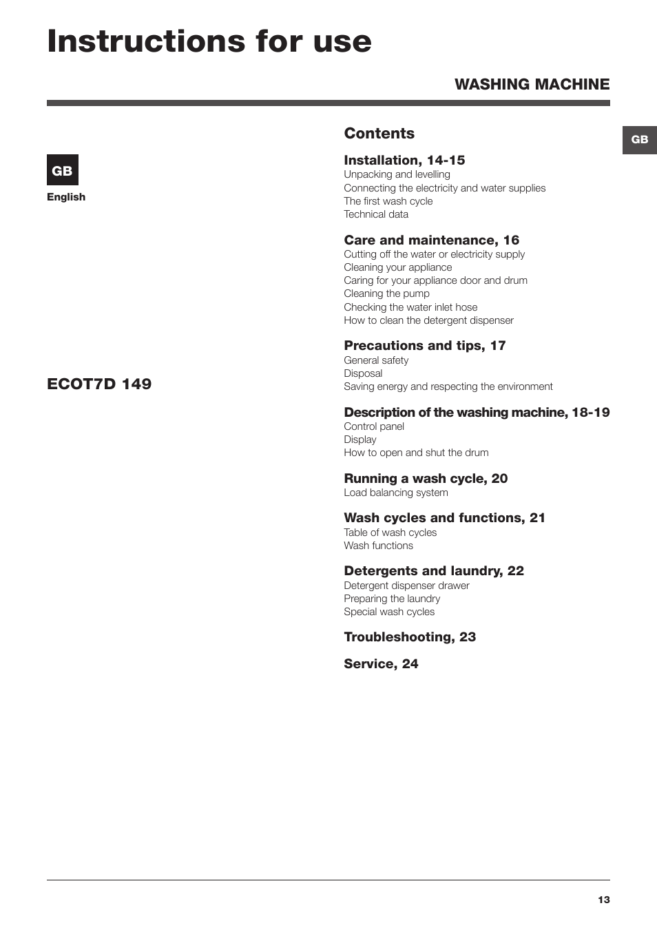 Instructions for use | Hotpoint Ariston ECOT7D 149 User Manual | Page 13 / 60