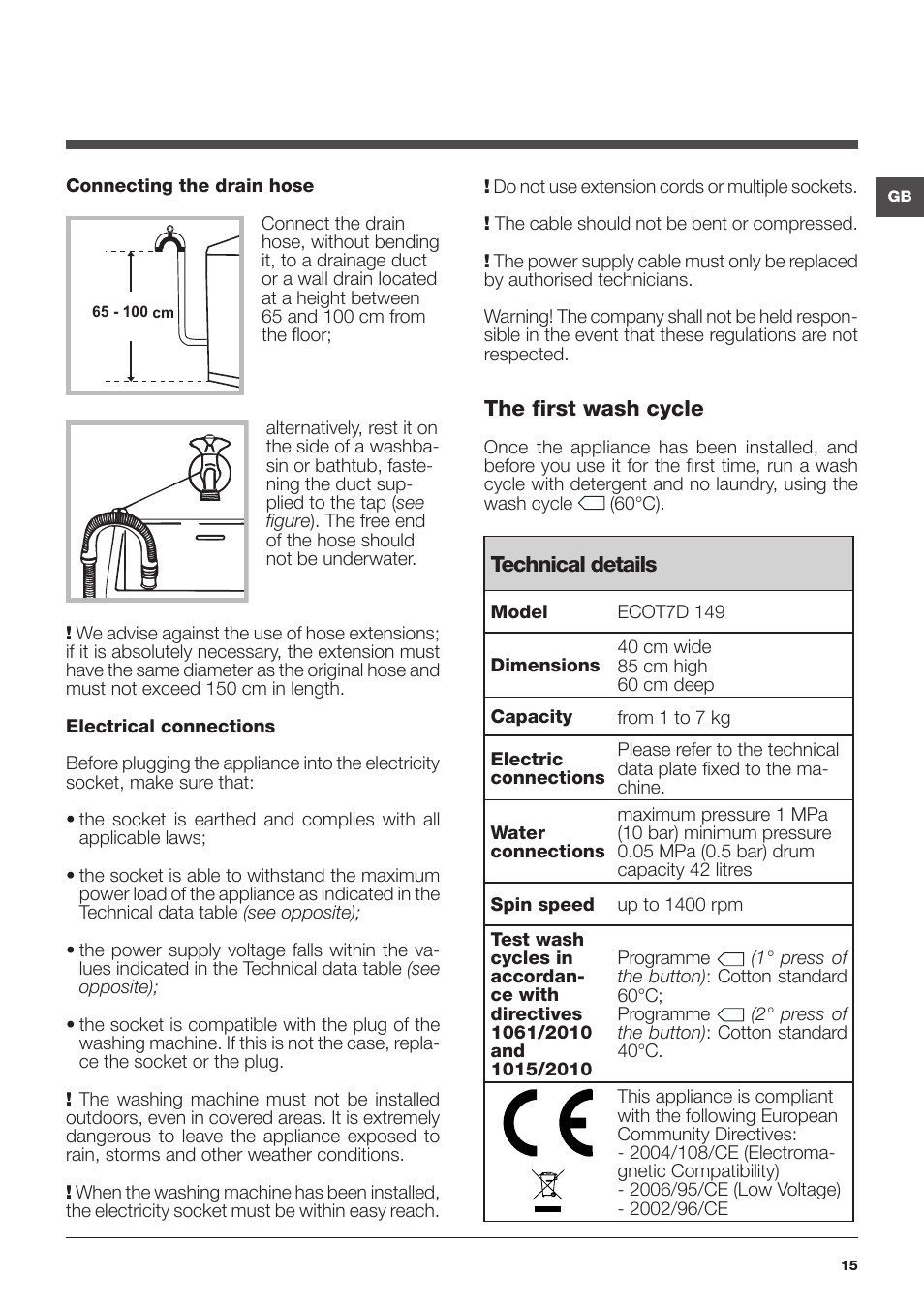 Hotpoint Ariston ECOT7D 149 User Manual | Page 15 / 60