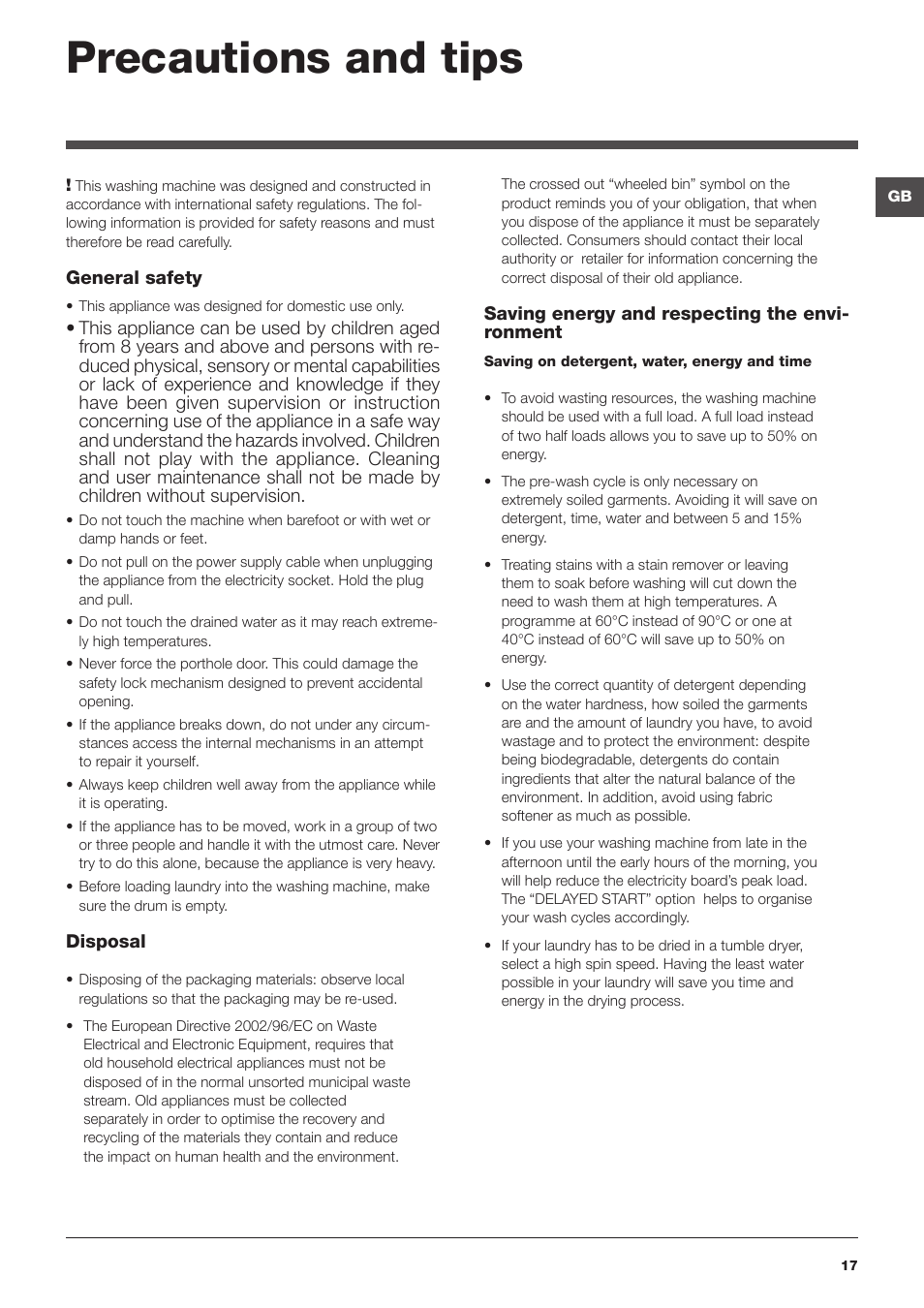 Precautions and tips | Hotpoint Ariston ECOT7D 149 User Manual | Page 17 / 60