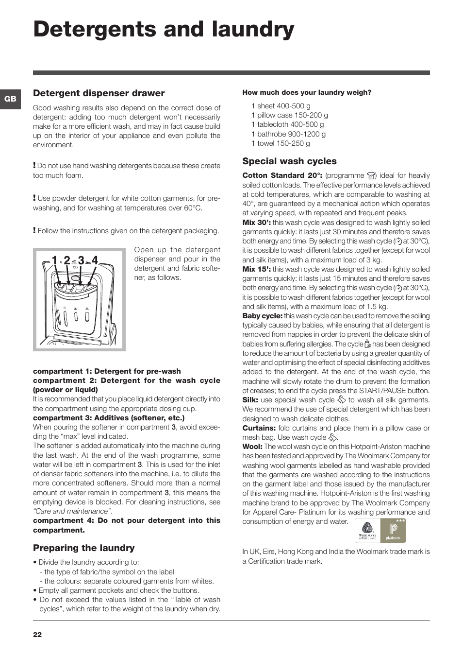 Detergents and laundry | Hotpoint Ariston ECOT7D 149 User Manual | Page 22 / 60