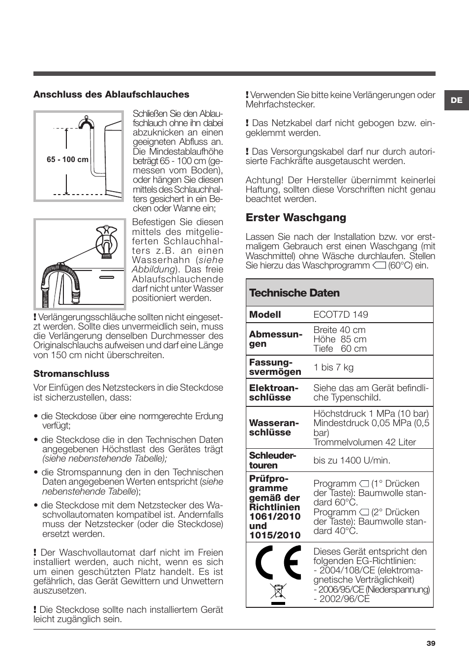 Hotpoint Ariston ECOT7D 149 User Manual | Page 39 / 60