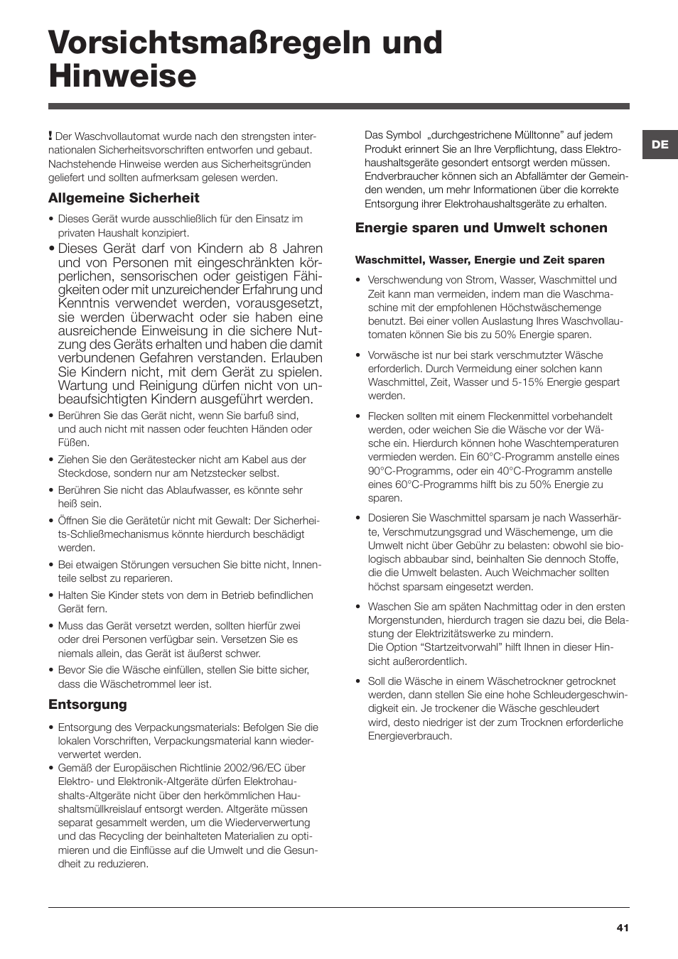 Vorsichtsmaßregeln und hinweise | Hotpoint Ariston ECOT7D 149 User Manual | Page 41 / 60