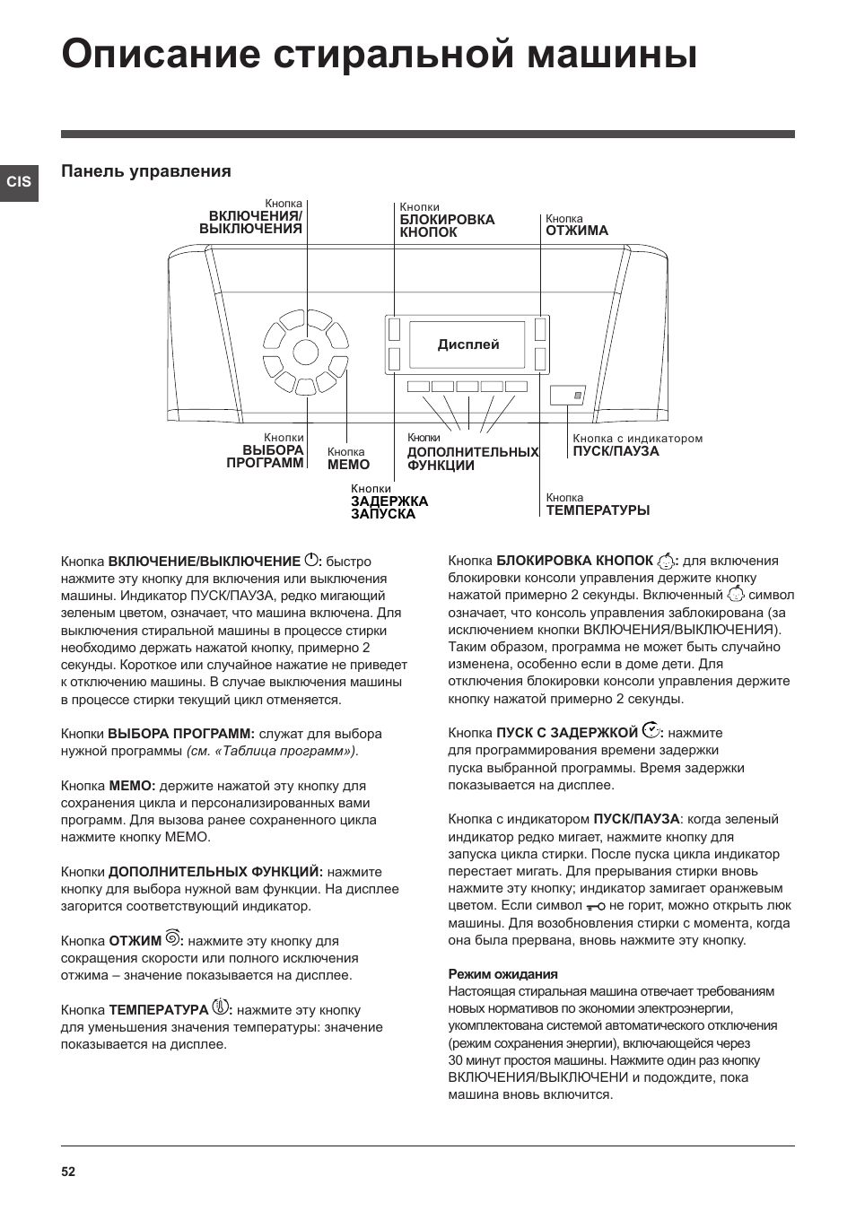 Описание стиральной машины, Панель управления | Hotpoint Ariston ECOT7D 149 User Manual | Page 52 / 60
