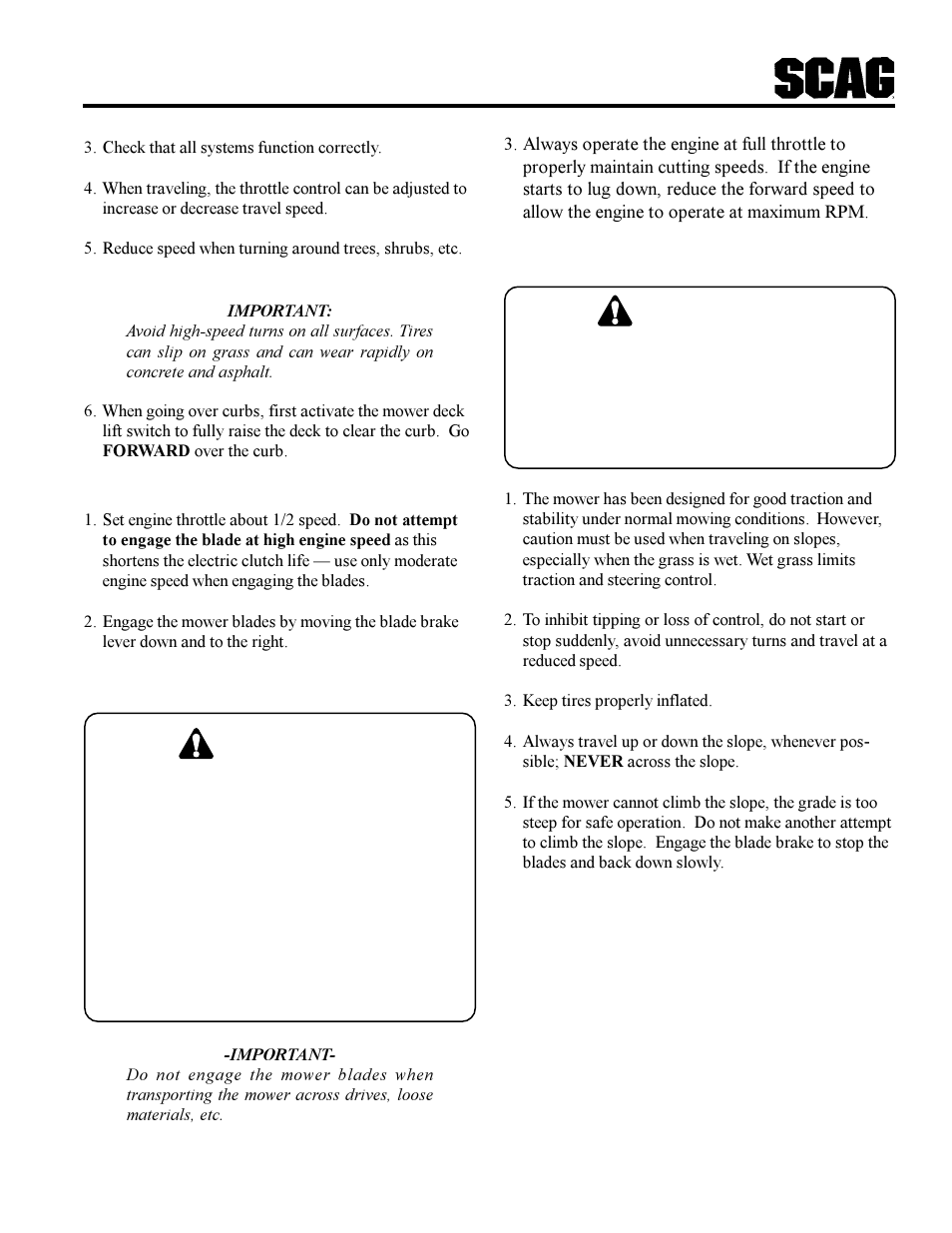 Warning | Scag Power Equipment MAG User Manual | Page 15 / 66