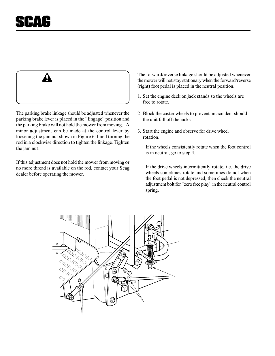 Adjustments, Warning | Scag Power Equipment MAG User Manual | Page 22 / 66