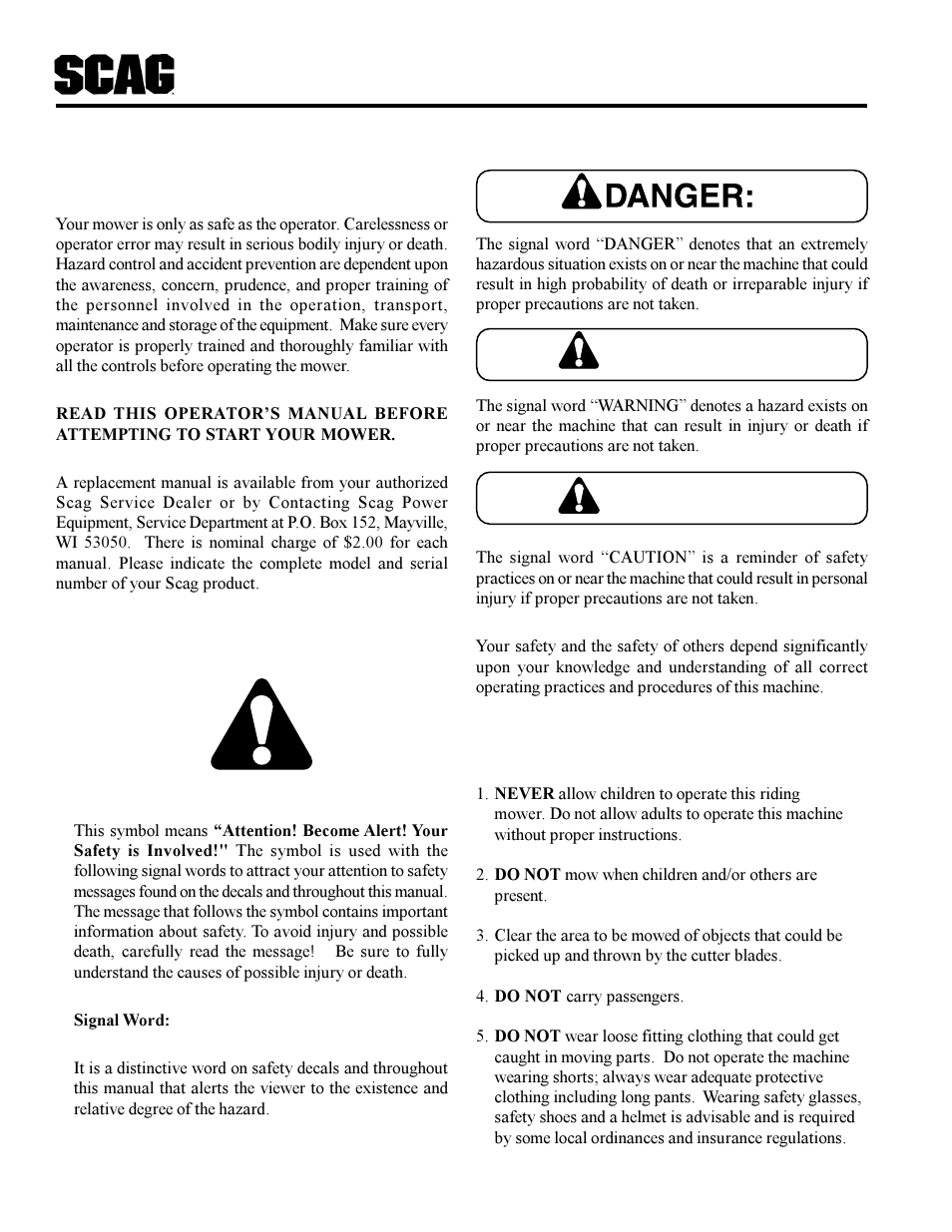 Warning, Caution, Safety information | Scag Power Equipment MAG User Manual | Page 4 / 66