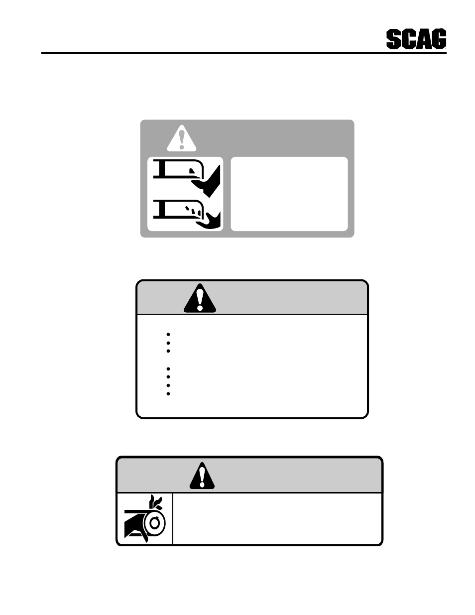 Danger, Warning, Install belt cover before operating machine | Scag Power Equipment MAG User Manual | Page 7 / 66