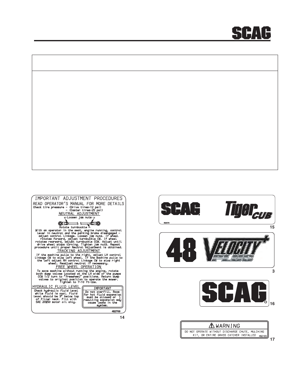Replacement decals and information plates | Scag Power Equipment STC48V-24BS User Manual | Page 65 / 108