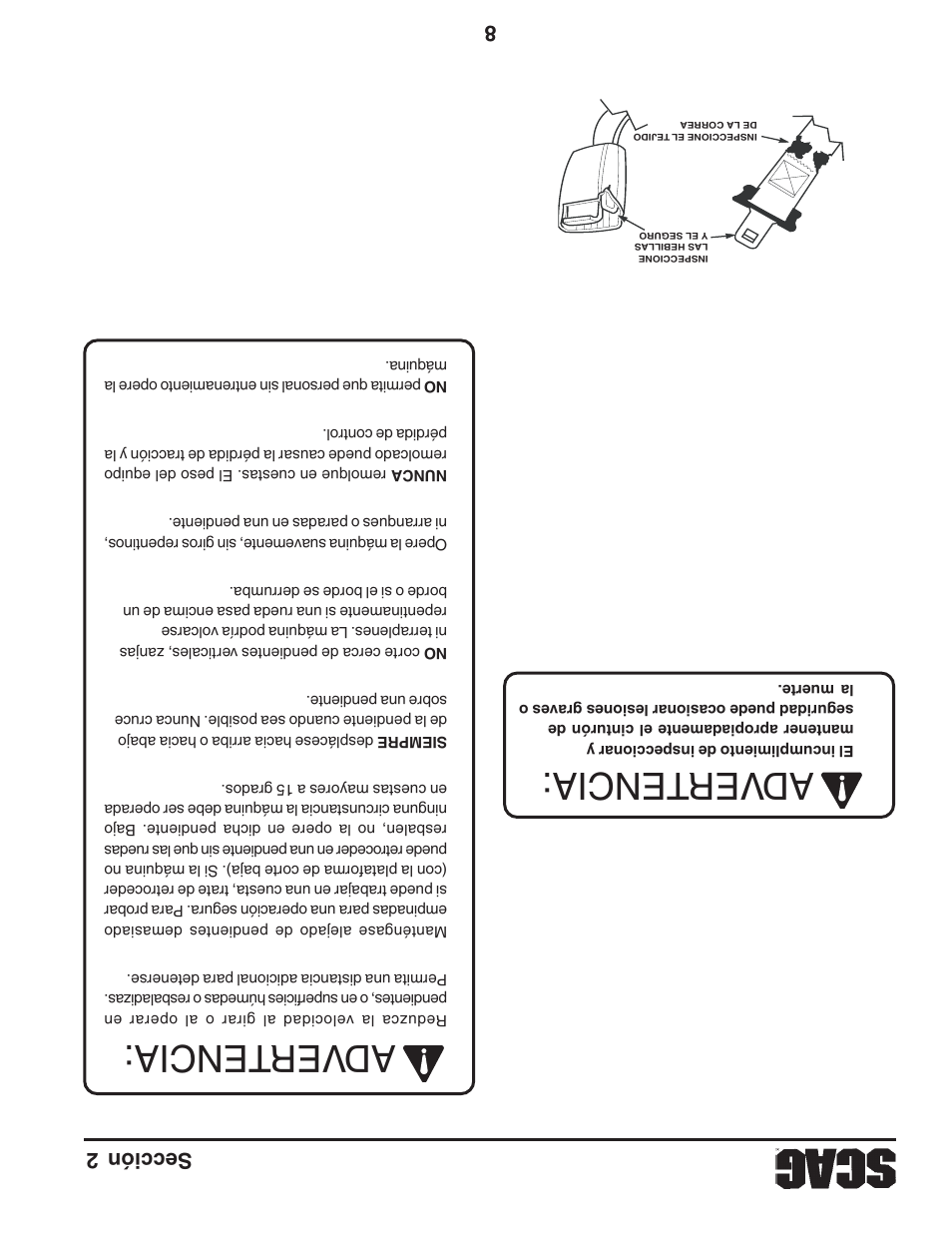 Adver tencia: adver tencia, 8sección 2 | Scag Power Equipment STT61V-31EFI-SS User Manual | Page 102 / 113