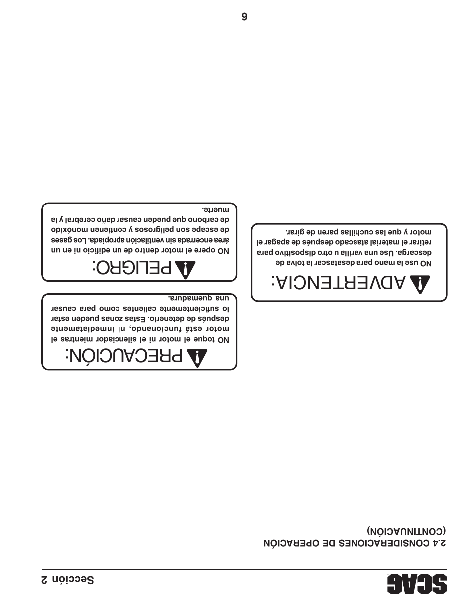 Adver tencia: peligro: precaución | Scag Power Equipment STT61V-31EFI-SS User Manual | Page 104 / 113