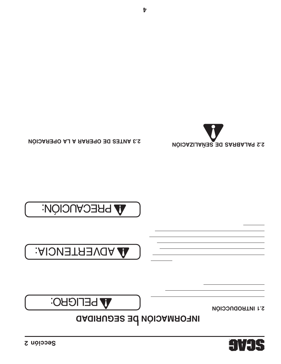 Precaución: peligro: adver tencia, Información de segurid ad | Scag Power Equipment STT61V-31EFI-SS User Manual | Page 106 / 113