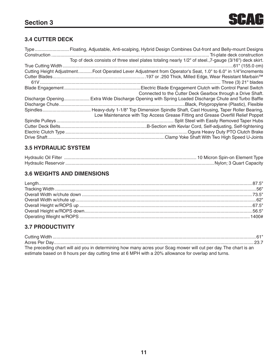4 cutter deck, 5 hydraulic system, 6 weights and dimensions | 7 productivity | Scag Power Equipment STT61V-31EFI-SS User Manual | Page 15 / 113