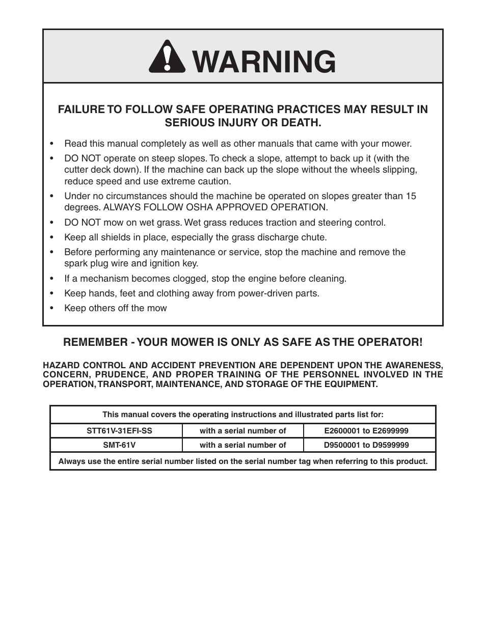 Warning | Scag Power Equipment STT61V-31EFI-SS User Manual | Page 2 / 113