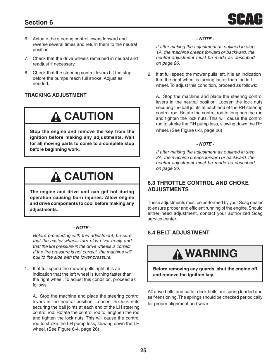 3 throttle control and choke adjustments, 4 belt adjustment, Caution | Warning | Scag Power Equipment STT61V-31EFI-SS User Manual | Page 29 / 113