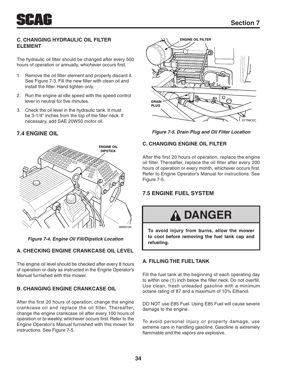 4 engine oil, 5 engine fuel system, 4 engine oil 7.5 engine fuel system | Danger | Scag Power Equipment STT61V-31EFI-SS User Manual | Page 38 / 113