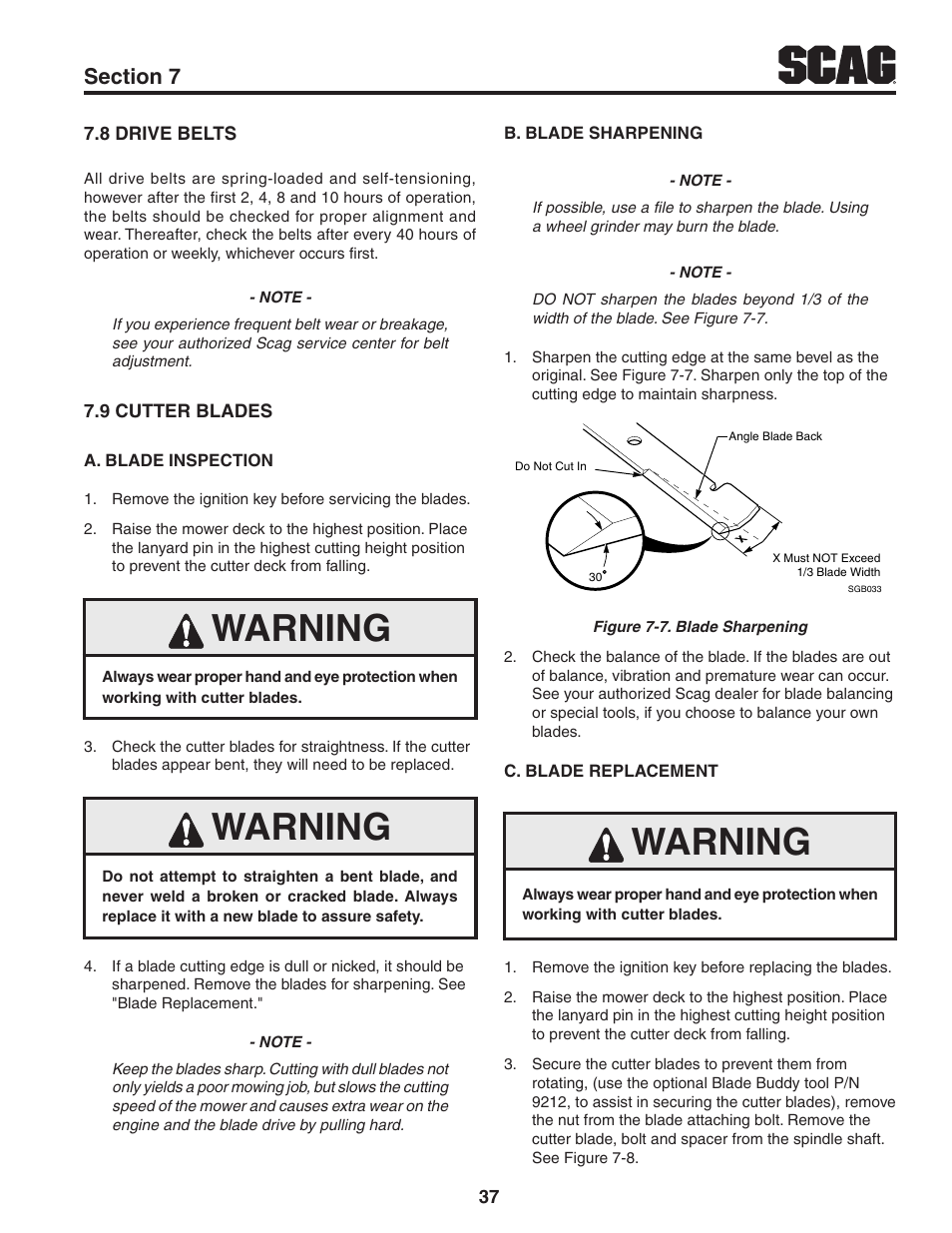 8 drive belts, 9 cutter blades, 8 drive belts 7.9 cutter blades | Warning | Scag Power Equipment STT61V-31EFI-SS User Manual | Page 41 / 113