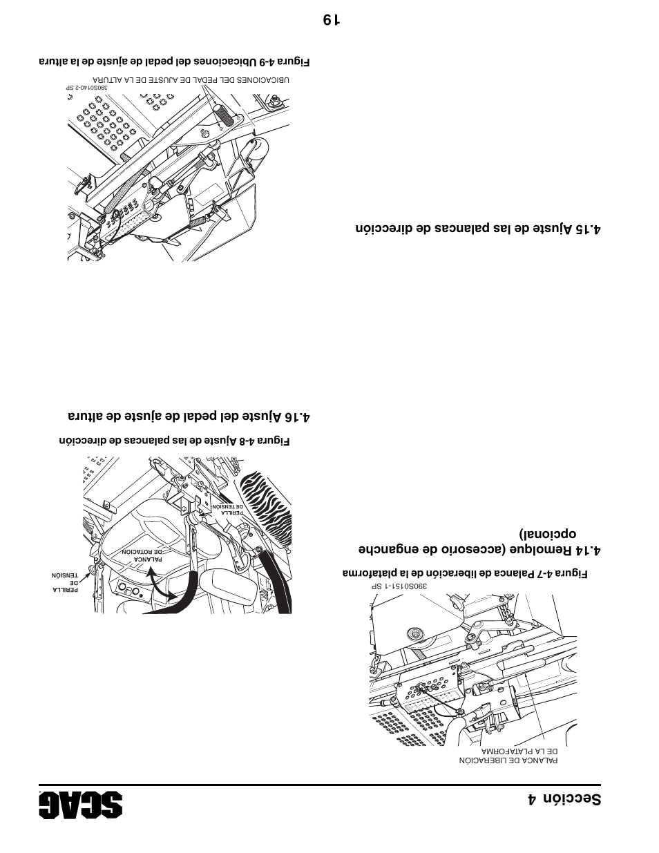 Sección 4 19, 14 remolque (accesorio de enganche opcional), 15 ajuste de las palancas de dirección | 16 ajuste del pedal de ajuste de altura | Scag Power Equipment STT61V-31EFI-SS User Manual | Page 91 / 113