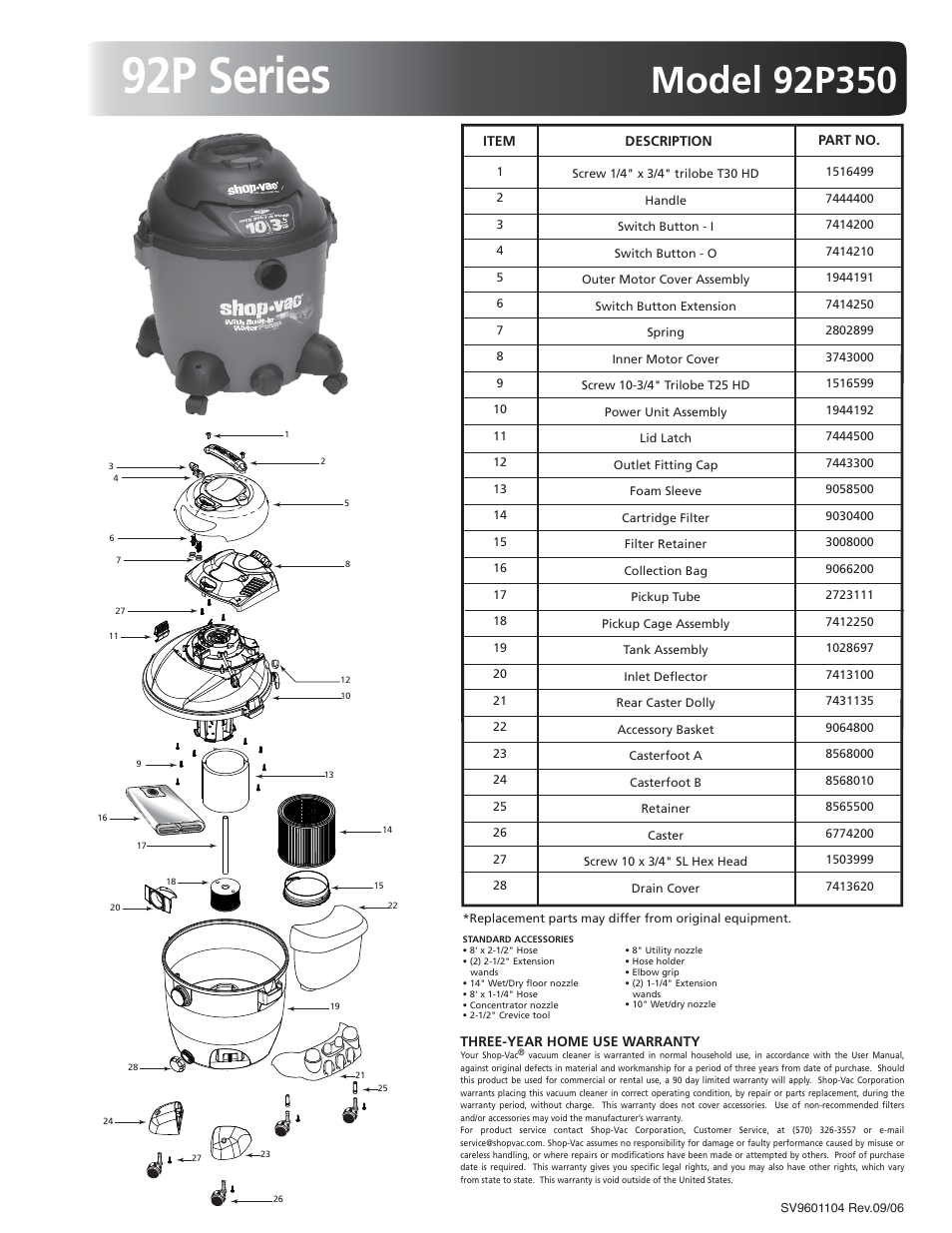 Shop-Vac 92P Series 92P350 User Manual | 2 pages