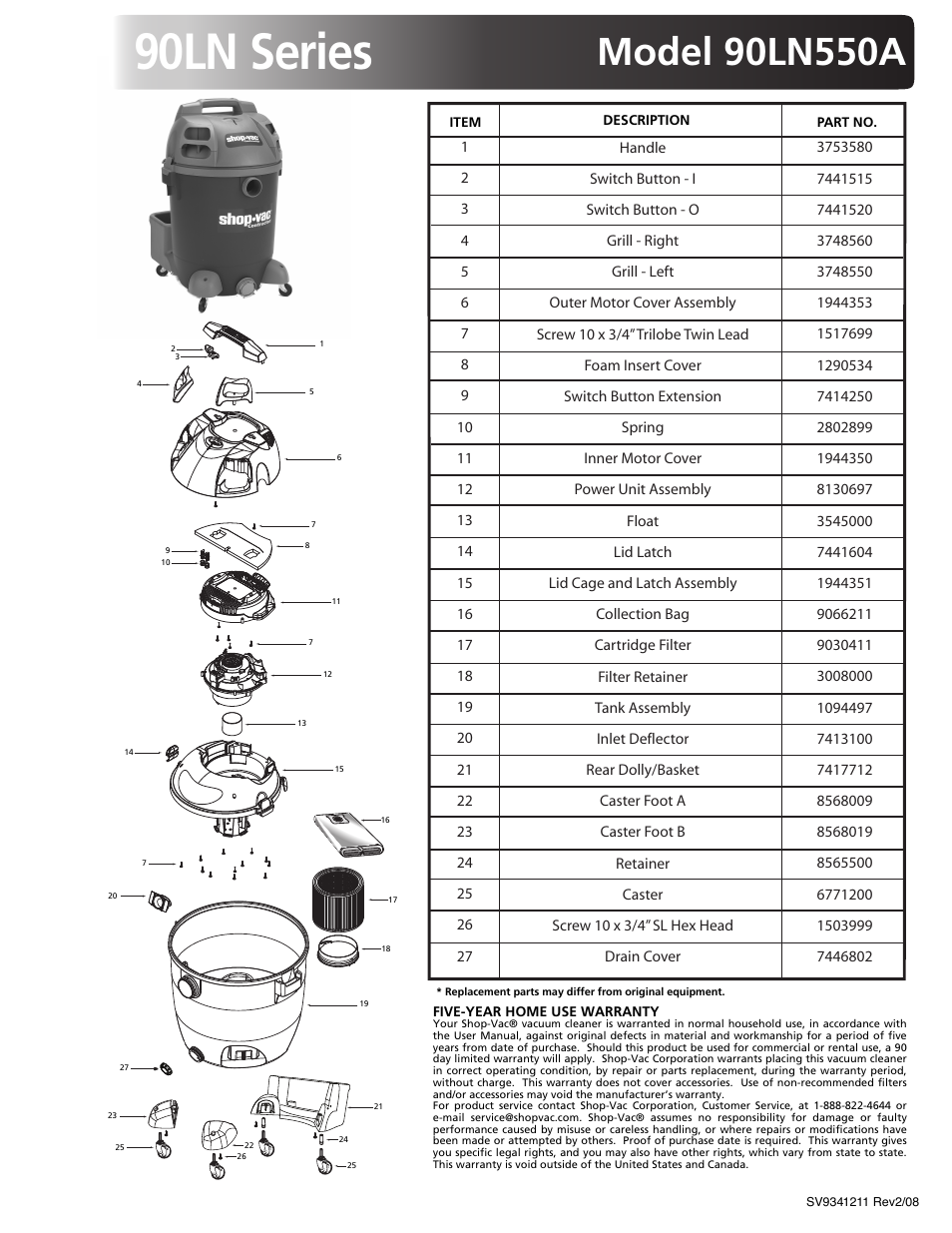 Shop-Vac 90LN550A User Manual | 1 page