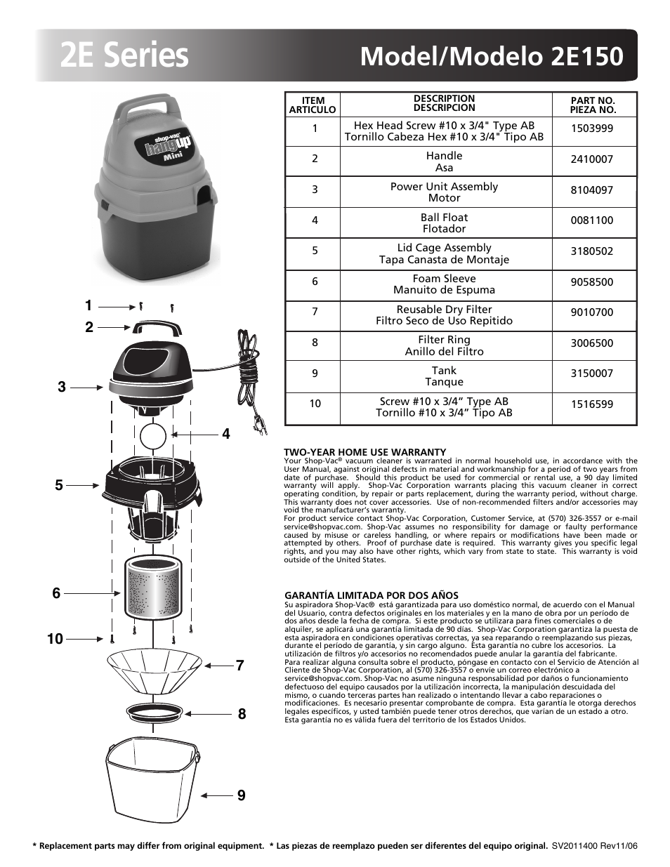 Shop-Vac 2E Series 2.00E+150 User Manual | 1 page