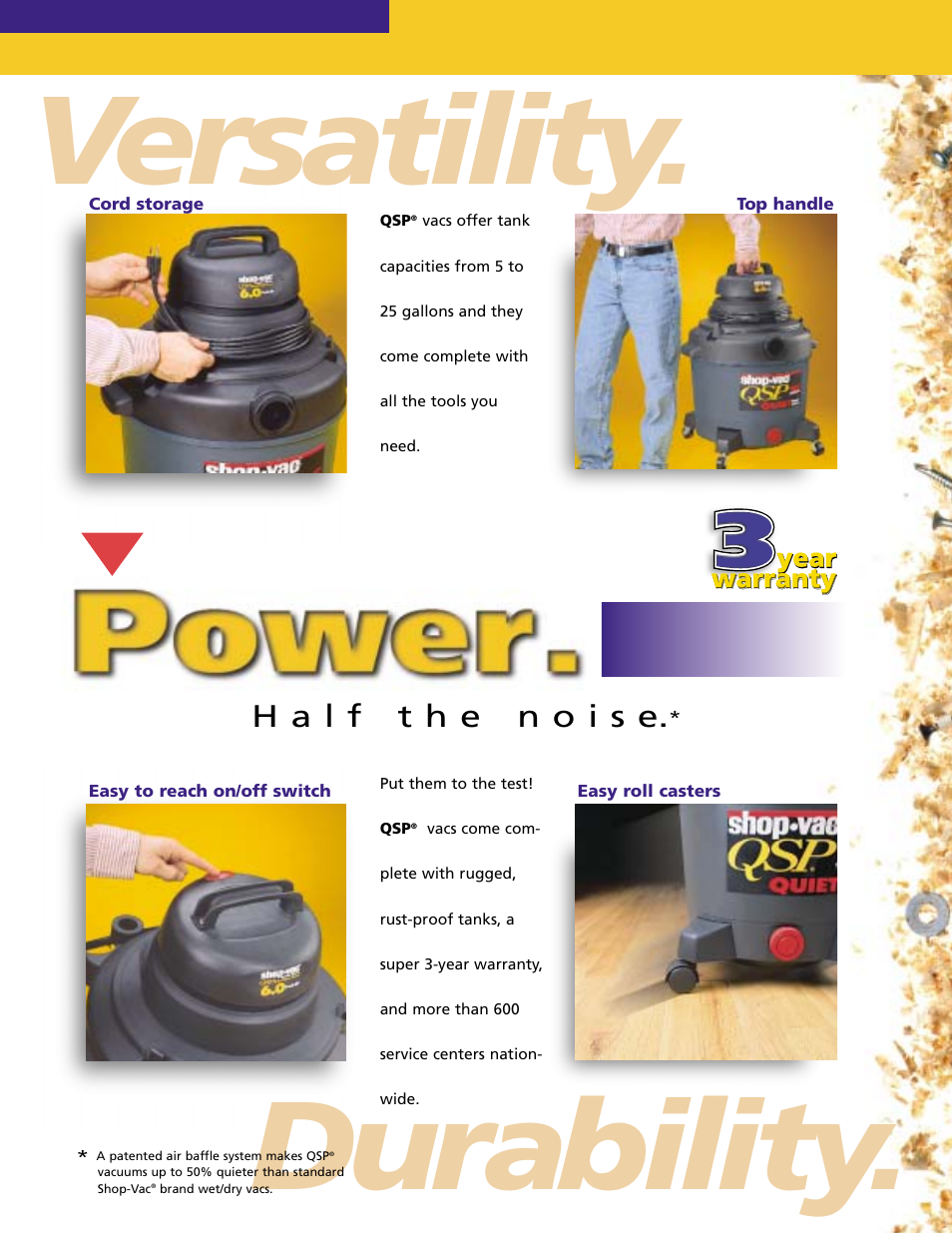 Versatility, Durability, Year warranty warranty year warranty warranty | Shop-Vac Wet/Dry Vacs QSP Series User Manual | Page 3 / 12