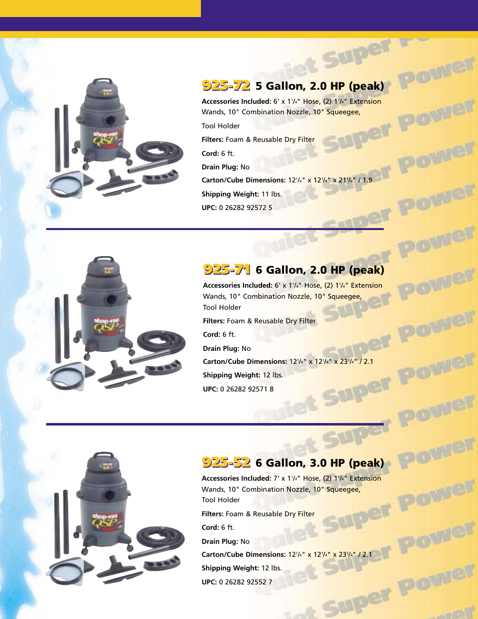 5 gallon, 2.0 hp (peak), 6 gallon, 2.0 hp (peak), 6 gallon, 3.0 hp (peak) | Shop-Vac Wet/Dry Vacs QSP Series User Manual | Page 6 / 12
