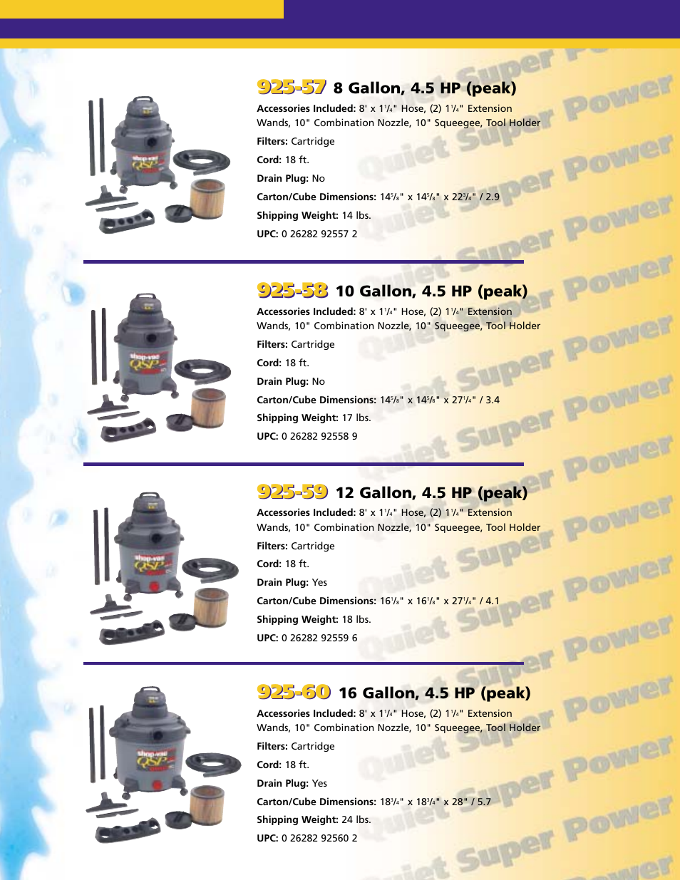 8 gallon, 4.5 hp (peak), 10 gallon, 4.5 hp (peak), 12 gallon, 4.5 hp (peak) | 16 gallon, 4.5 hp (peak) | Shop-Vac Wet/Dry Vacs QSP Series User Manual | Page 8 / 12
