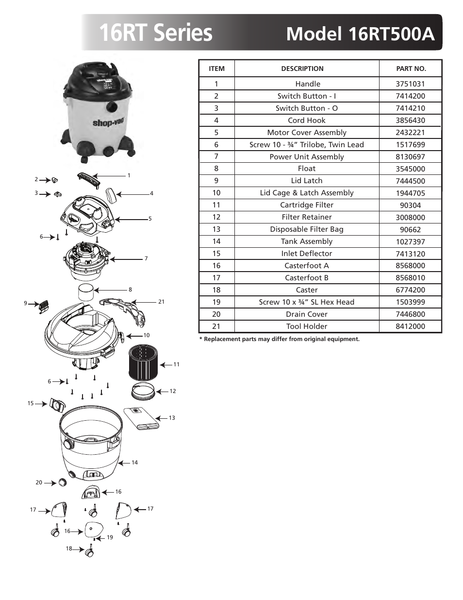 Shop-Vac 16RT Series 16RT500A User Manual | 1 page