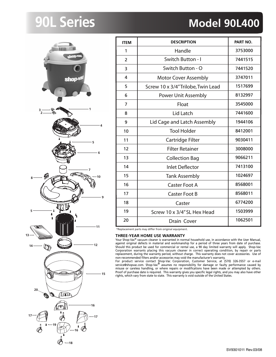 Shop-Vac 90L Series 90L400 User Manual | 1 page