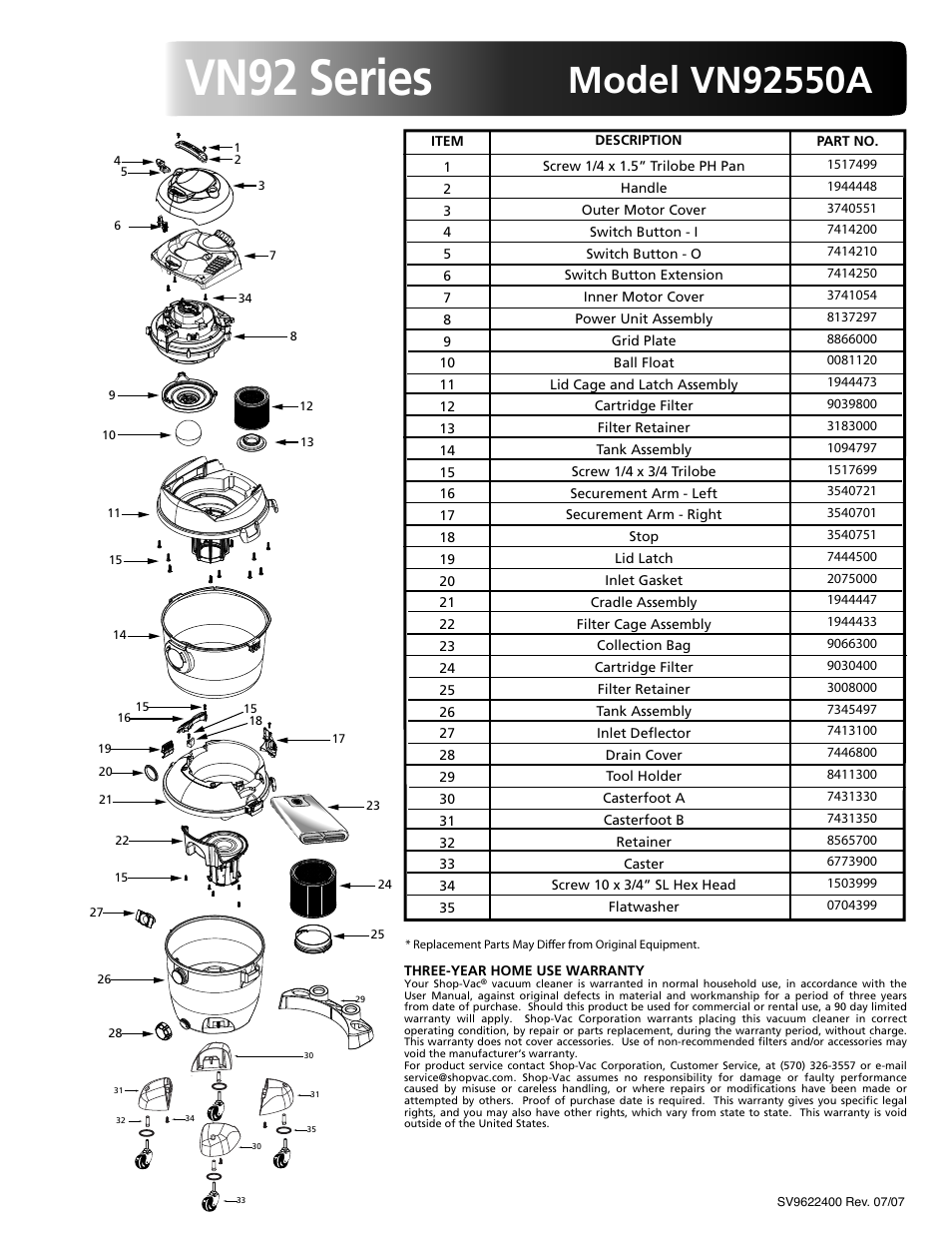 Shop-Vac vacuum cleaner VN92550A User Manual | 1 page