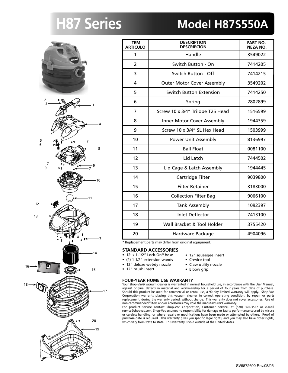 Shop-Vac H87 Series H87S550A User Manual | 1 page