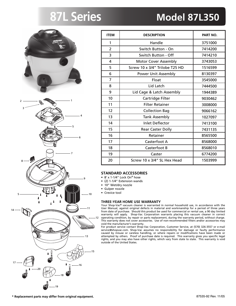 Shop-Vac Ultra Plus 87L Series Vacuum 87L350 User Manual | 1 page