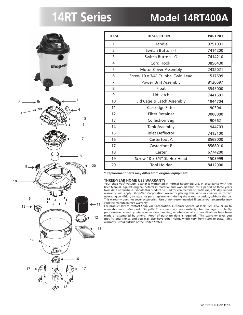 Shop-Vac 14RT400A User Manual | 1 page
