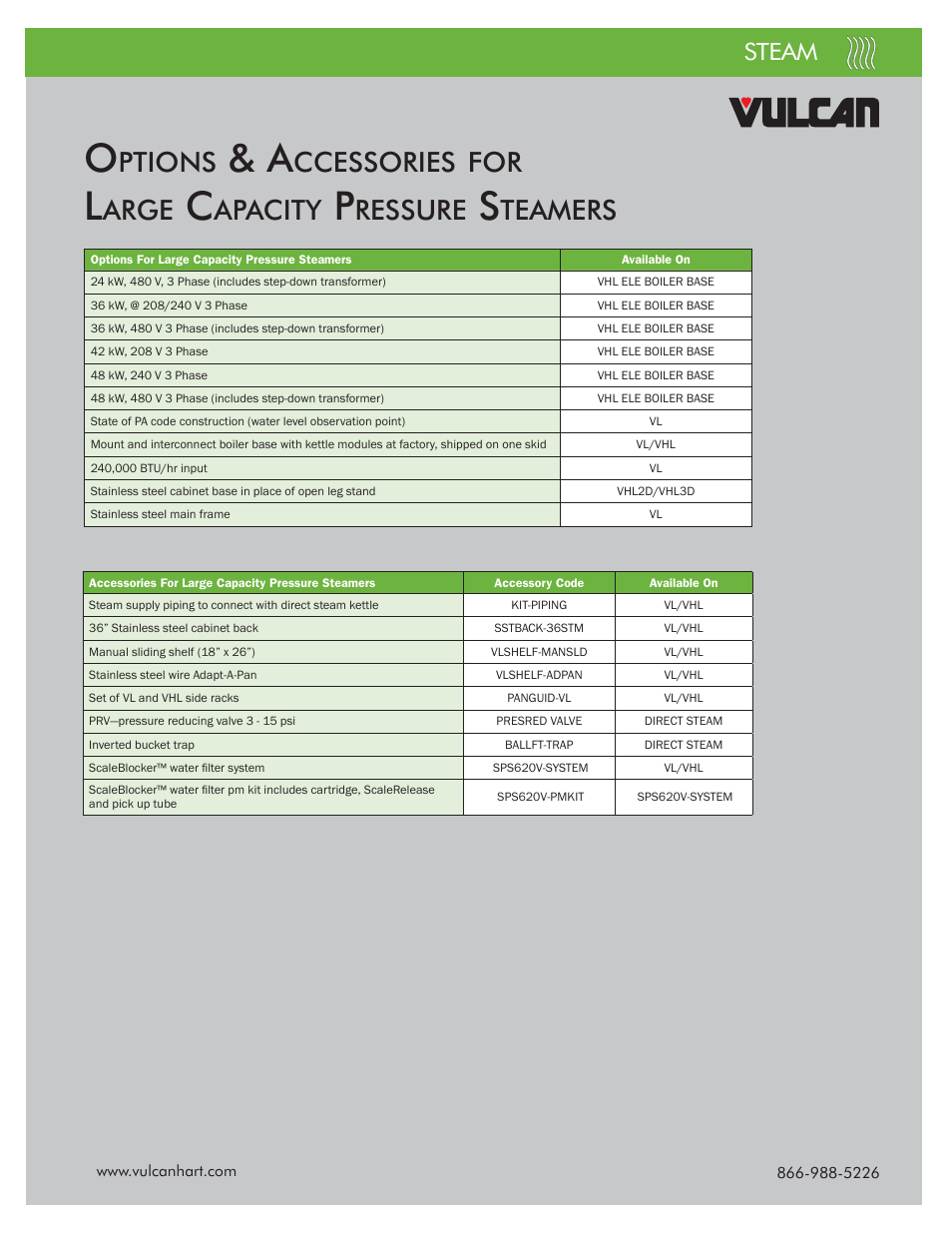 Ptions, Ccessories, Arge | Apacity, Ressure, Teamers, Steam | Steam VPX User Manual | Page 12 / 12